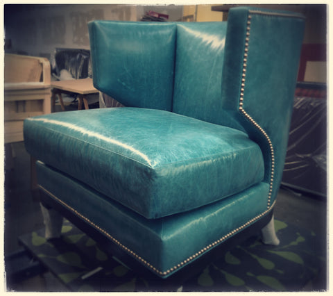 Turquoise Leather Modern Lounge Chair, with Polished Chrome Nail Trim